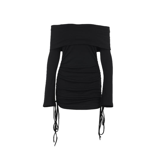 Damen Off-Shoulder Mini-Kleid mit Raffung und langen Ärmeln R&B