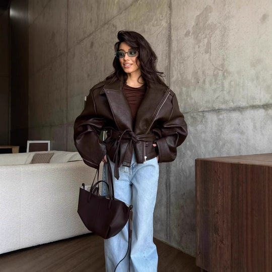 Damen elegante Kunstlederjacke mit Gürtel und übergroßen Ärmeln R&B