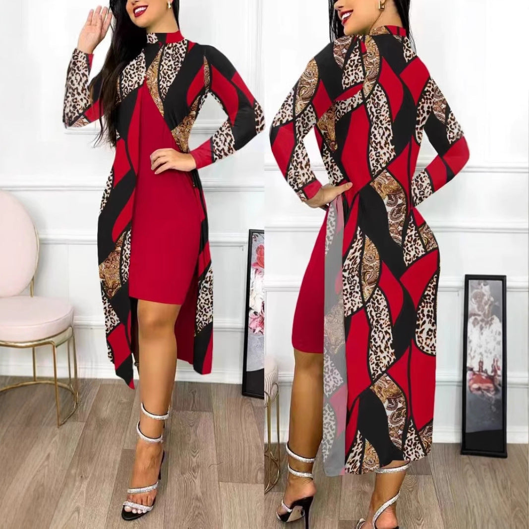 Damen elegantes Maxikleid mit asymmetrischem Schnitt und Grafischem Muster R&B