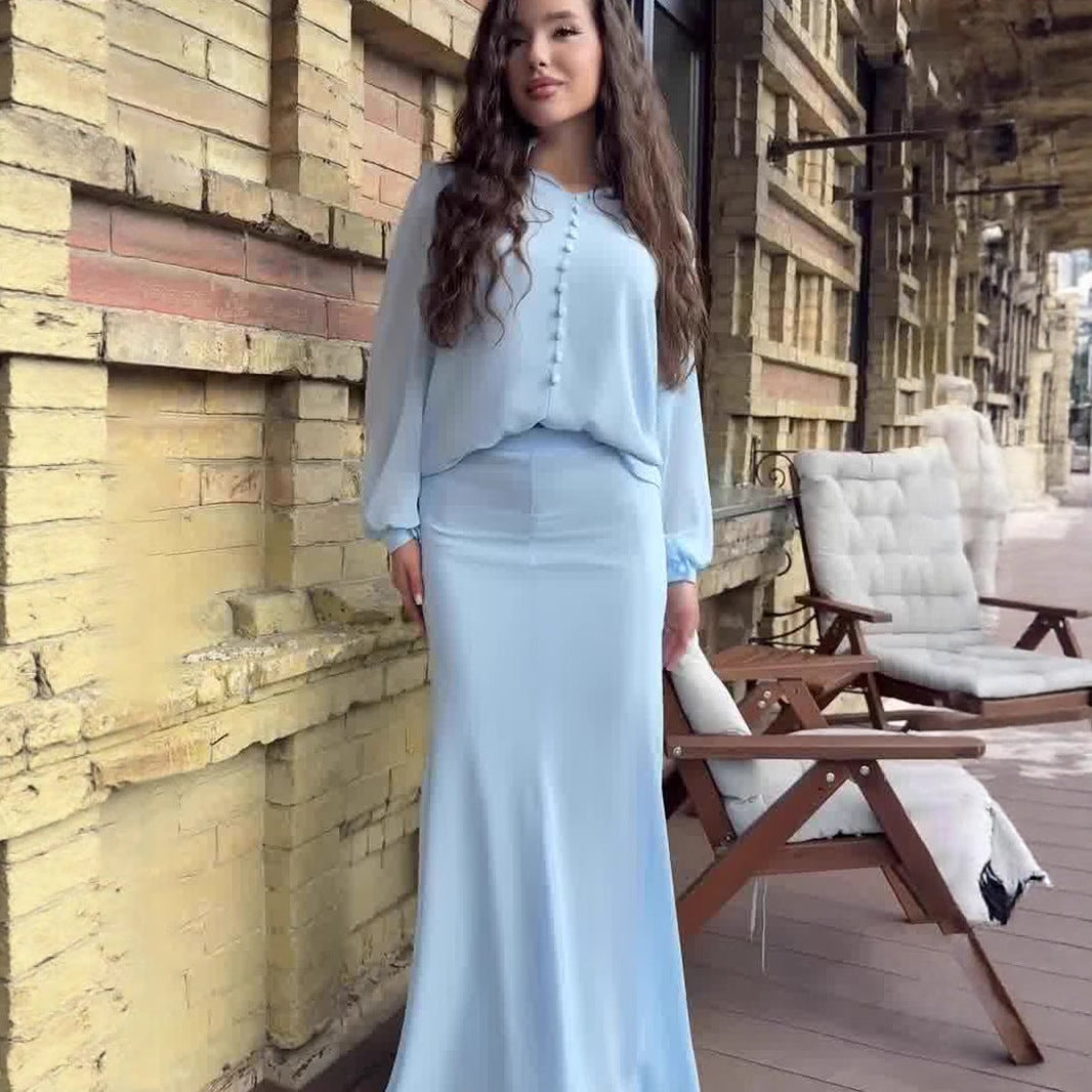 Damen Elegantes Maxi-Kleid mit transparenten Ärmeln und Hochgeschlossenem Design R&B