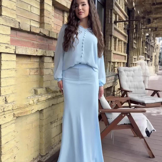 Damen Elegantes Maxi-Kleid mit transparenten Ärmeln und Hochgeschlossenem Design R&B