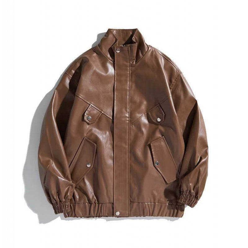 Damen modische Kunstlederjacke mit praktischen Taschen und hohem Kragen