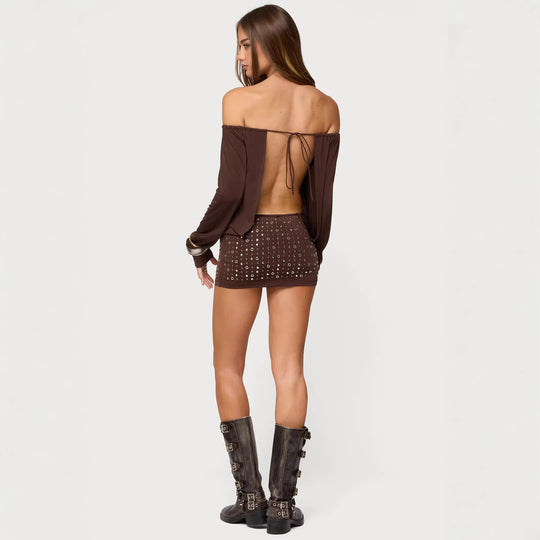 Damen Off-Shoulder Top mit eleganten langen Ärmeln und figurbetontem Rock R&B