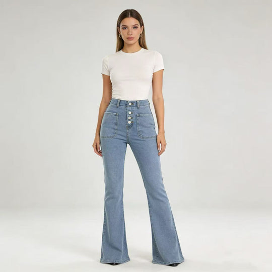 Damen Bootcut-Jeans mit hohem Bund und knöpfbarem Verschluss R&B