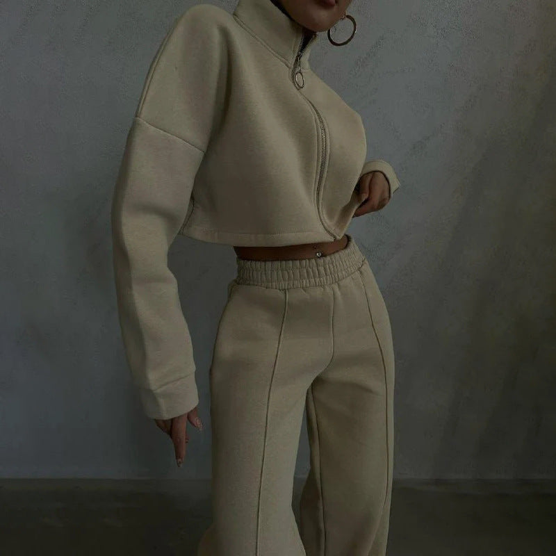 Damen sportliches Cropped-Fleece-Set mit hohem Kragen und modernem Reißverschluss R&B