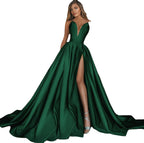 Damen Glamouröses Abendkleid mit tiefem V-Ausschnitt und eleganter Schleppe R&B