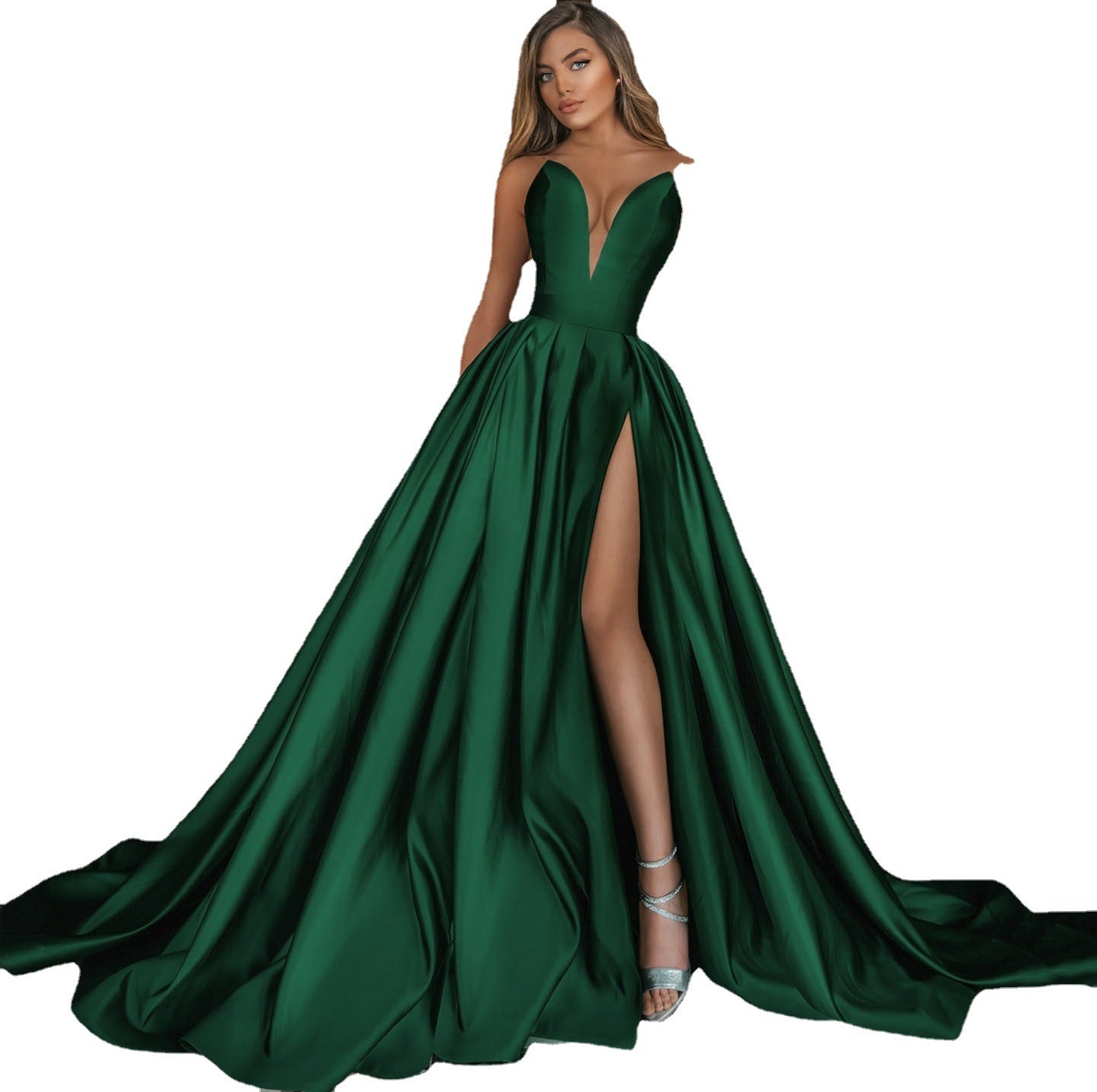 Damen Glamouröses Abendkleid mit tiefem V-Ausschnitt und eleganter Schleppe R&B