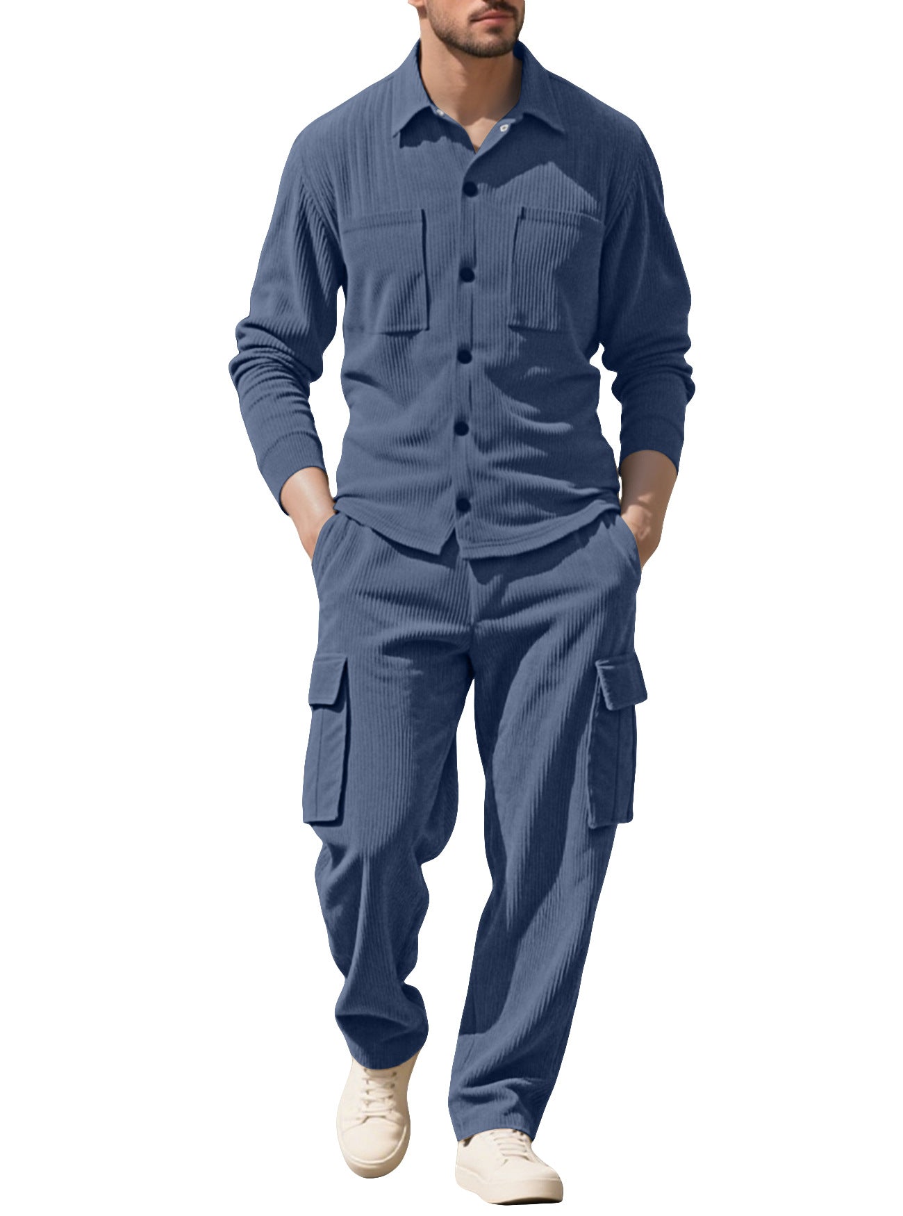 Herren nan geripptes Worker-Hemd mit Brusttaschen und entspannter Cargohose R&B