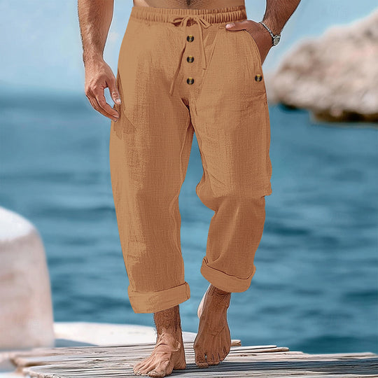 Herren nan lockere Leinen-Baumwoll-Hose mit elastischem Bund, Kordelzug und aufgekrempeltem Saum R&B