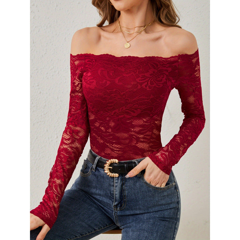 Damen Spitzenbody mit schulterfreiem Design und langen Ärmeln R&B