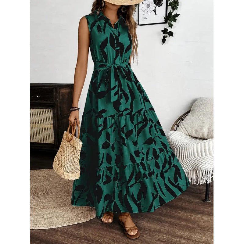 Damen Maxi-Kleid mit maskulinem Blätterdruck und tailliertem Gürtel R&B