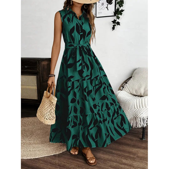 Damen Maxi-Kleid mit maskulinem Blätterdruck und tailliertem Gürtel R&B