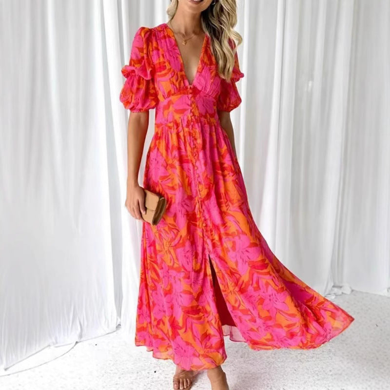 Damen Maxikleid mit Blumenmuster und V-Ausschnitt R&B
