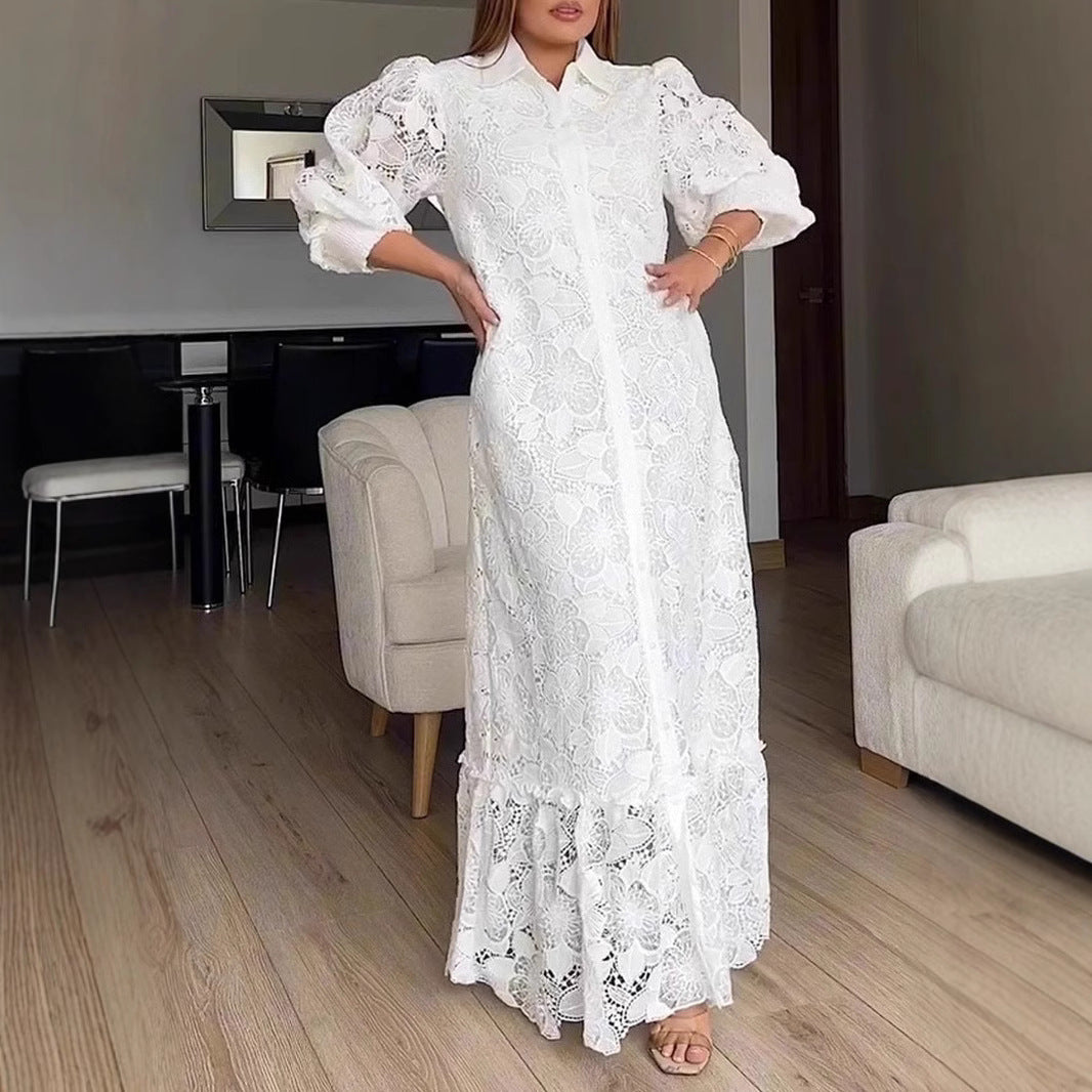 Damen nan Maxikleid aus Häkelspitze mit Hemdkragen und Puffärmeln R&B