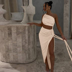 Damen Elegantes, einseitiges Maxikleid mit raffinierten Drapierungen R&B