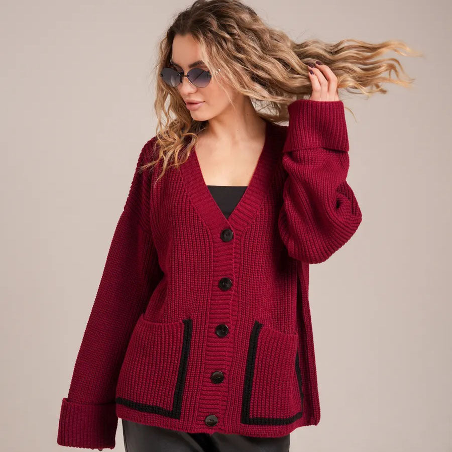 Damen Lässiger Strickcardigan mit breiten Ärmeln und kontrastierenden Taschen R&B