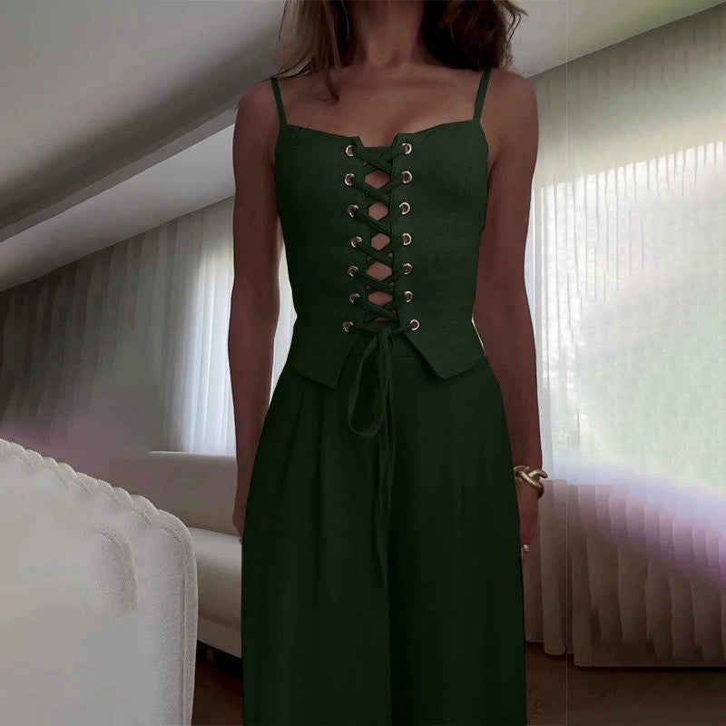 Damen Jumpsuit mit femininer Schnürung und weit geschnittenem Bein R&B