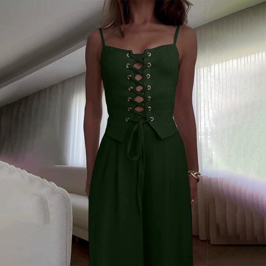 Damen Jumpsuit mit femininer Schnürung und weit geschnittenem Bein R&B