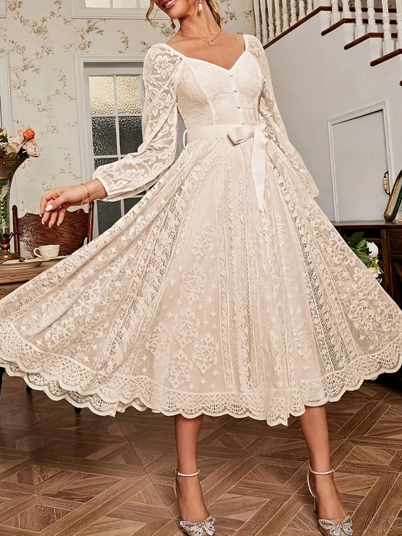 Damen Elegantes Spitze Midi-Kleid mit puffärmel und Taillenbindung R&B