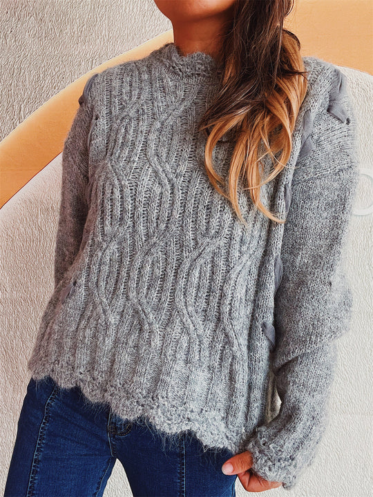 Damen Grobstrickpullover mit romantischem Wellenmuster und volumetrischen Ärmeln R&B