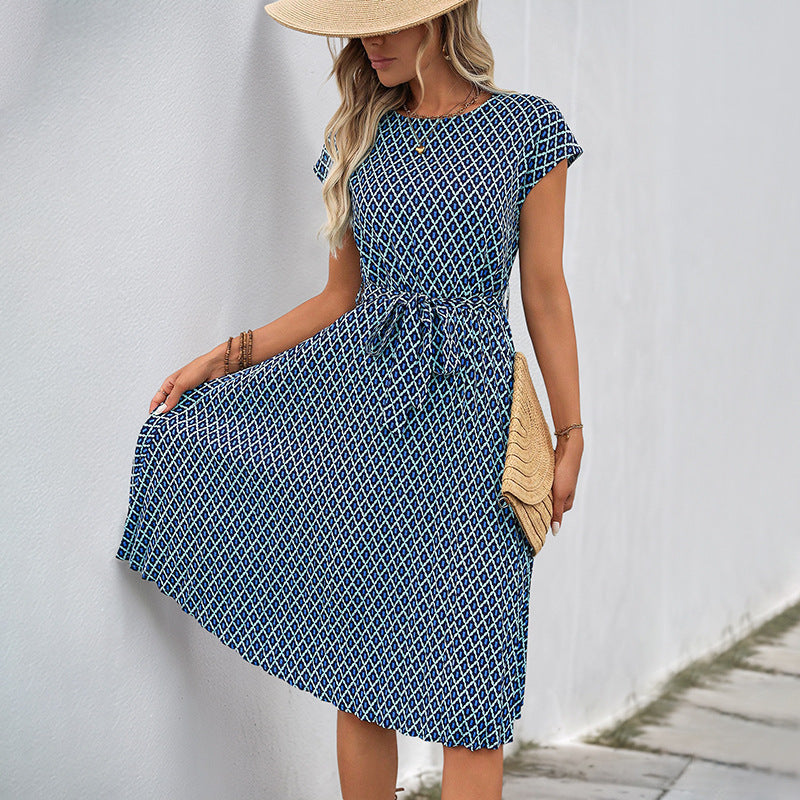 Damen Midi Sommerkleid mit bindbarem Taillengürtel und grafischem Muster R&B