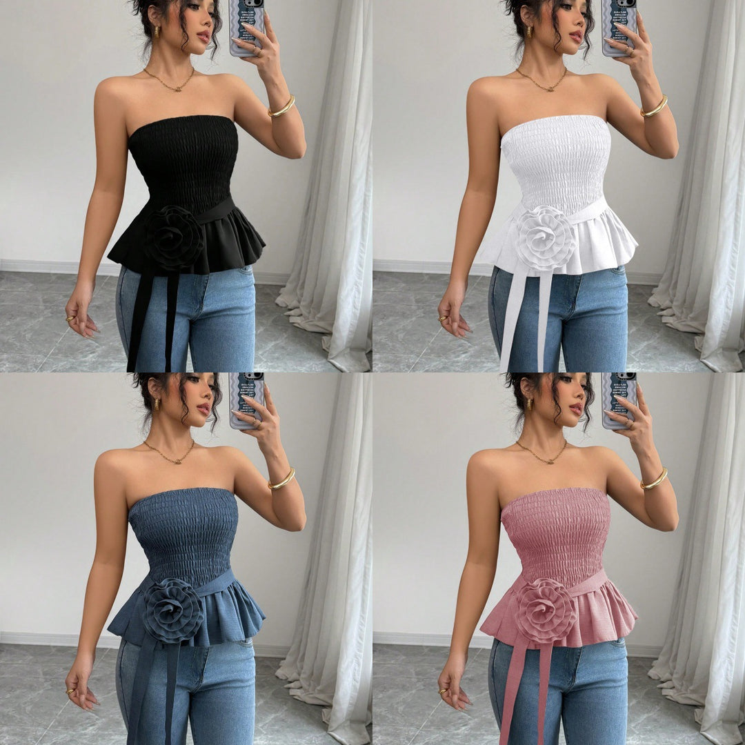 Damen nan figurbetontes trägerloses Smok-Oberteil mit Volant-Peplum und dekorativer Stoffblume R&B