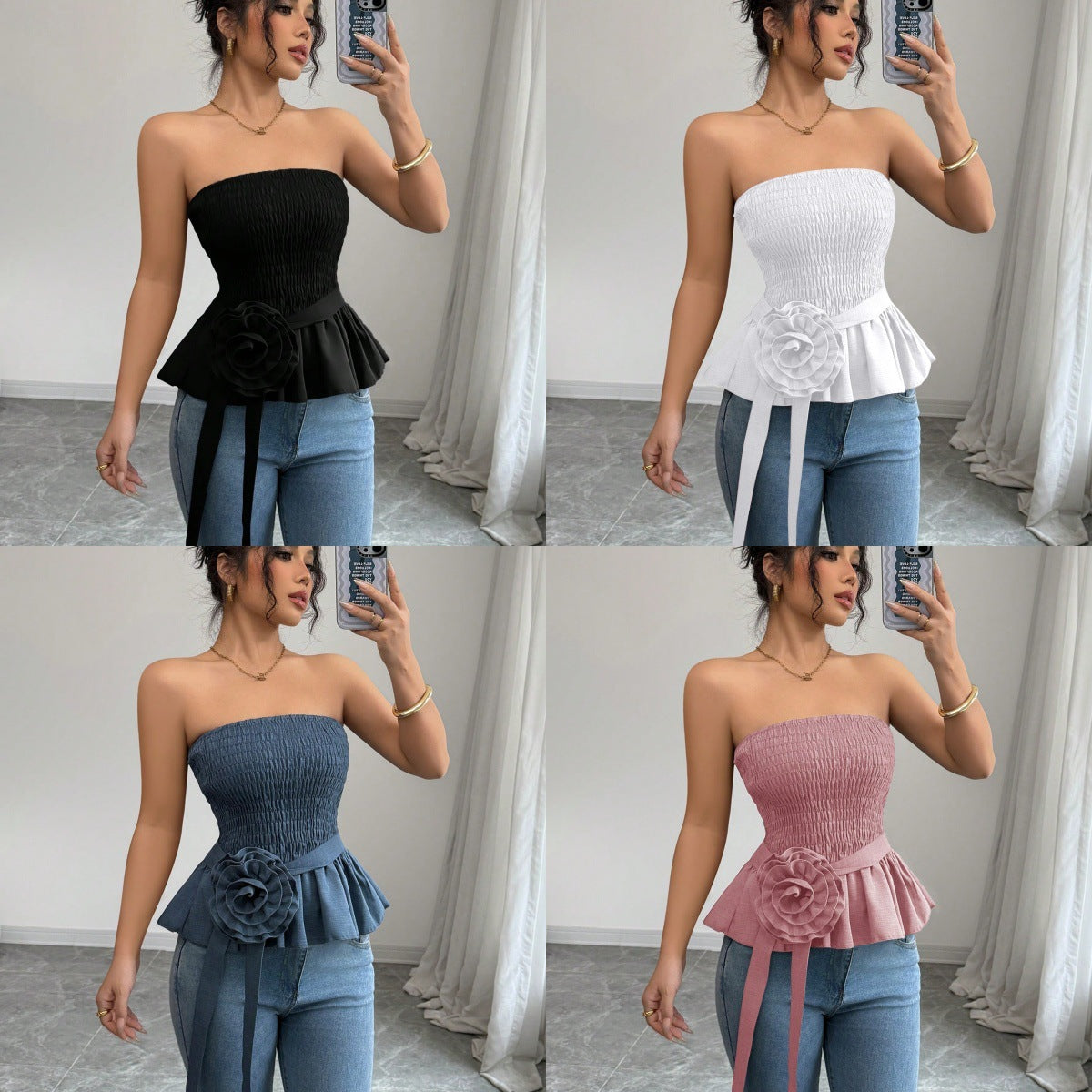 Damen nan figurbetontes trägerloses Smok-Oberteil mit Volant-Peplum und dekorativer Stoffblume R&B