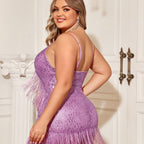 Damen Fransen Minikleid mit tiefem V-Ausschnitt und schimmerndem Obermaterial R&B