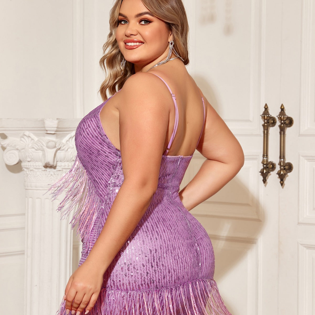 Damen Fransen Minikleid mit tiefem V-Ausschnitt und schimmerndem Obermaterial R&B
