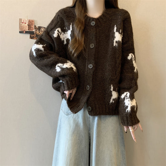 Damen Gemusterter Strickcardigan mit tierischem Motiv und bequemen Oversized-Schnitten R&B