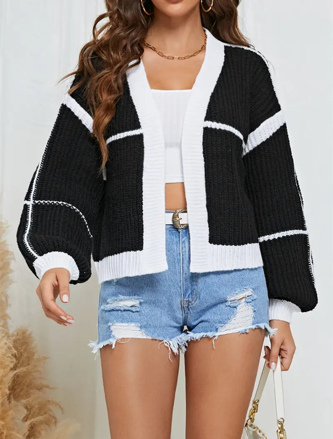 Damen lässiger Strickcardigan mit voluminösen Ärmeln und lockerer Passform R&B