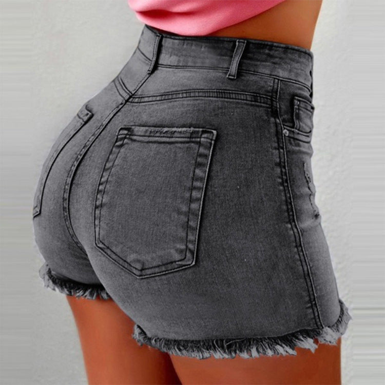 Damen High-Waist Denim-Shorts mit fransigem Saum R&B