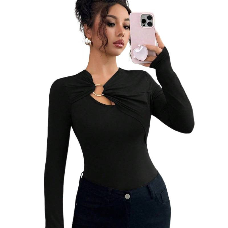 Damen Bodysuit mit dekorativem Ring-Detail und langem Arm R&B