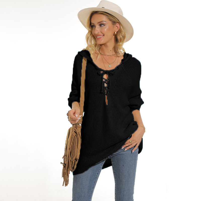 Damen lässiger Strickpullover mit einzigartigem Schnürdesign und lockerer Passform R&B