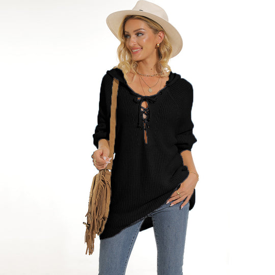 Damen lässiger Strickpullover mit einzigartigem Schnürdesign und lockerer Passform R&B