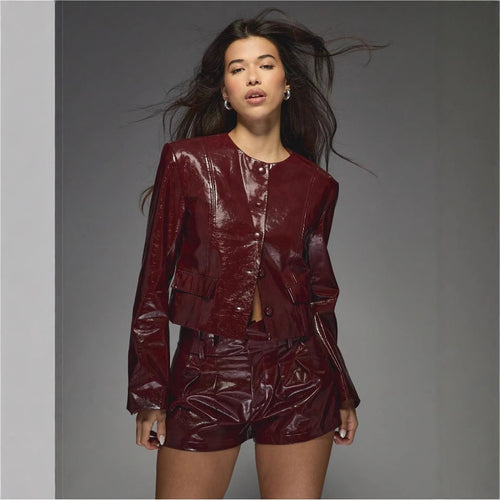 Damen Kunstlederjacke mit glänzendem Finish und eleganten Blenden R&B