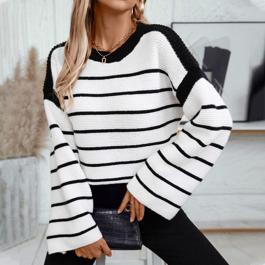 Damen lässiger Strickpullover mit blockierendem Streifenmuster und weitem Schnitt R&B