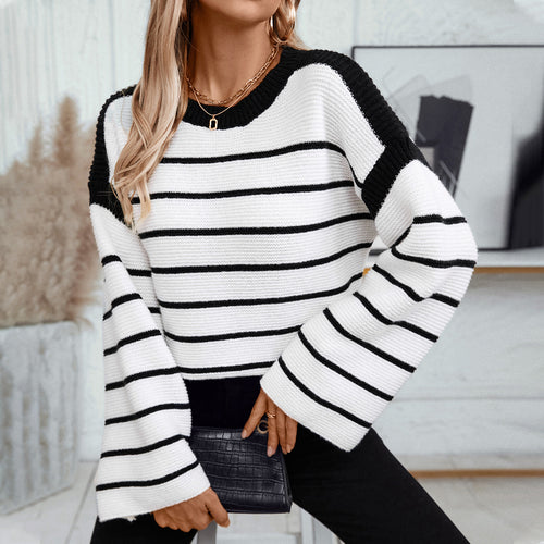 Damen lässiger Strickpullover mit blockierendem Streifenmuster und weitem Schnitt R&B
