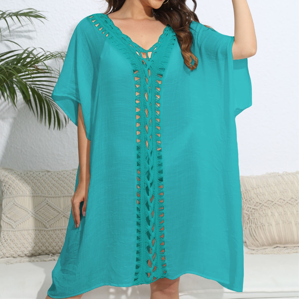Damen luftiger Kaftan mit filigranem Häkelmuster R&B