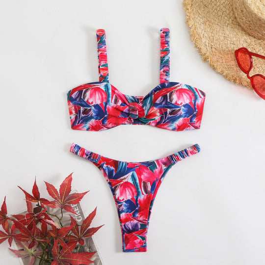 Damen Triangel-Bikini mit tropischem Druck und zarten Rüschen R&B