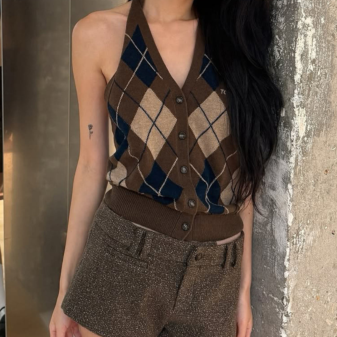 Damen ärmelloser Strickpullover im klassischen Karomuster R&B