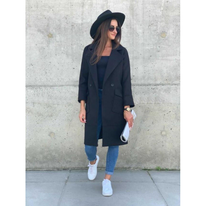 Damen Modischer Longblazer mit tiefem Revers und praktischen Taschen R&B