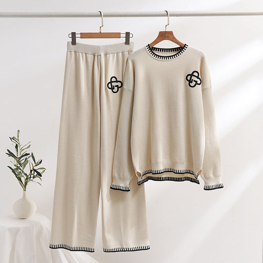 Damen lässiges Strick-Loungewear-Set mit dekorativen Kontrastdetails R&B