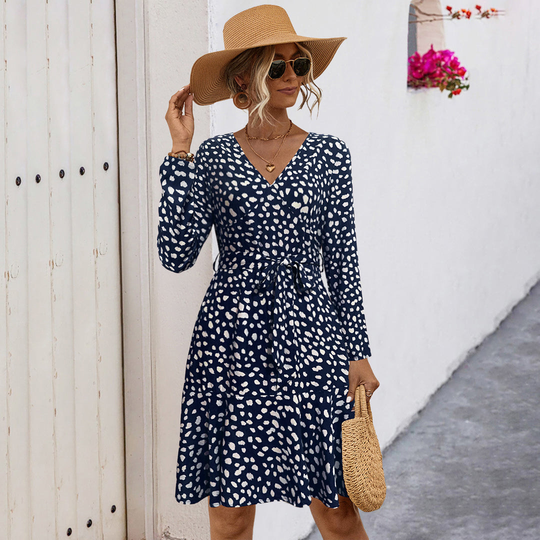 Damen V-Ausschnitt Freizeitkleid mit Taillengürtel und Rüschensaum R&B