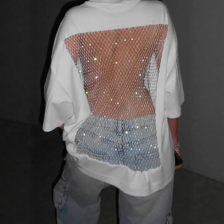 Damen nan Oversize-T-Shirt mit transparentem Netzrücken, Strassbesatz und Jeans-Print R&B