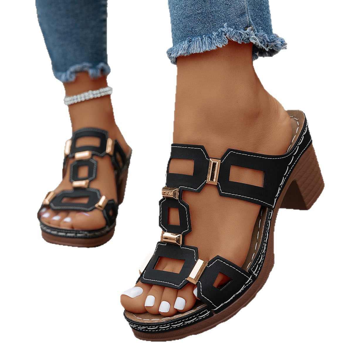 Damen Clogs mit modischer Applikation und stabiler Absatzhöhe R&B