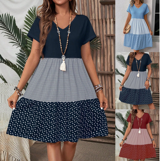 Damen Freizeitkleid mit V-Ausschnitt und modischen Musterkombinationen R&B