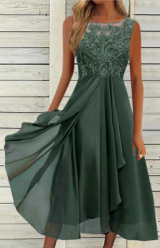 Damen nan ärmelloses Chiffon-Midikleid mit bestickter Illusionsspitze, Schiff-Ausschnitt und mehrlagigem Schwingrock R&B