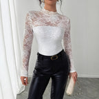 Damen Elegantes Spitzenoberteil mit hochgeschlossenem Kragen und langen Ärmeln R&B