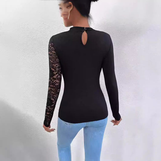Damen Elegantes Oberteil mit transparenten Spitzenärmeln und asymmetrischem Ausschnitt R&B